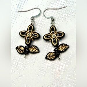 Elegant Black and Gold Floral Earrings